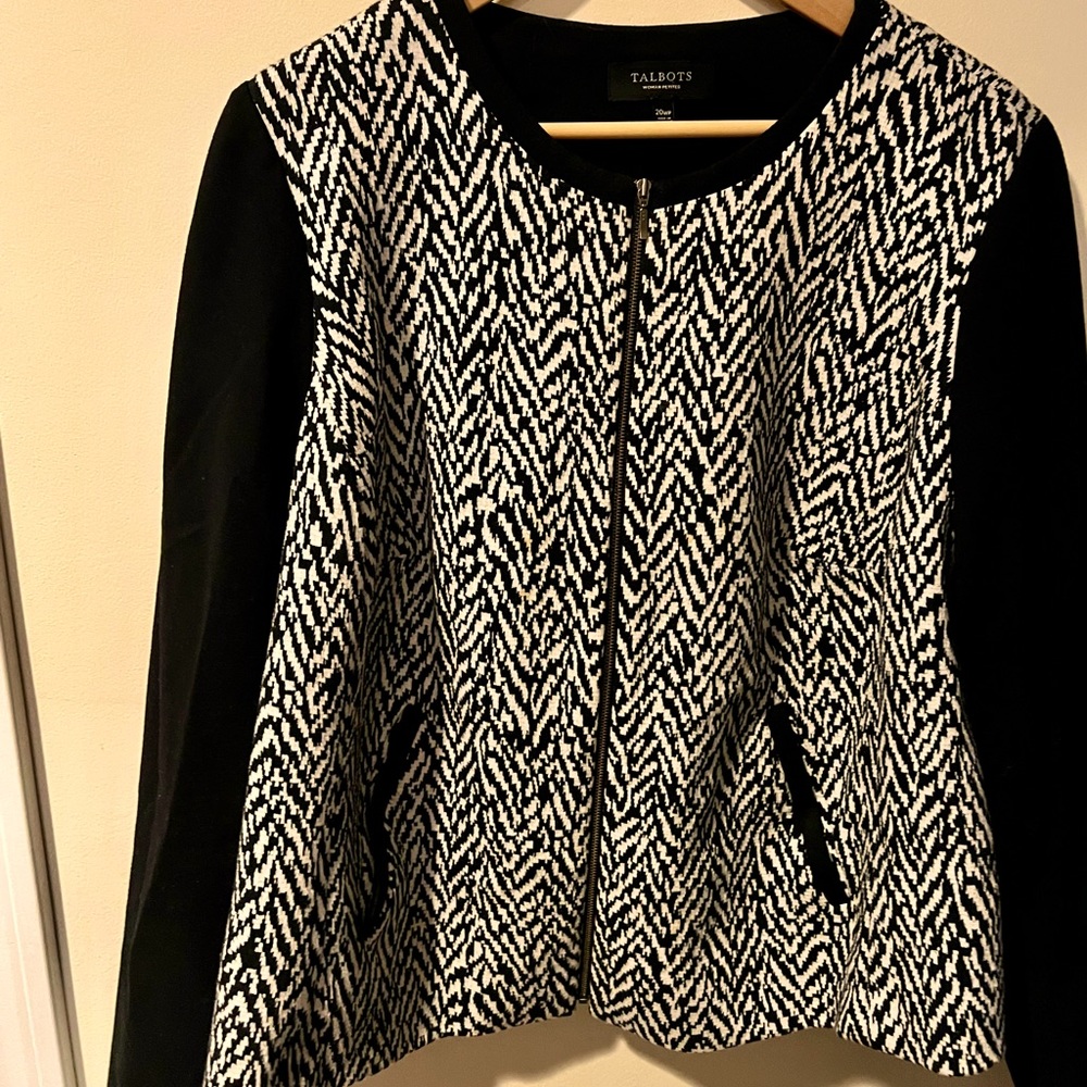 Talbots Black and White ZigZag Cotton Zipped Blazer Size 20WP
